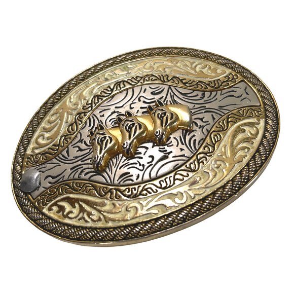 Three Horse Heads Engraved Ornate Western Belt Buckle - Picture 2 of 10